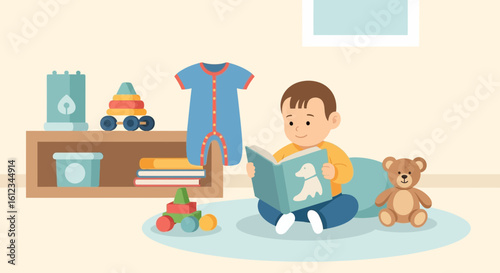 Cute Little Boy Enjoying Story Time With A Dog Book In Nursery Room
