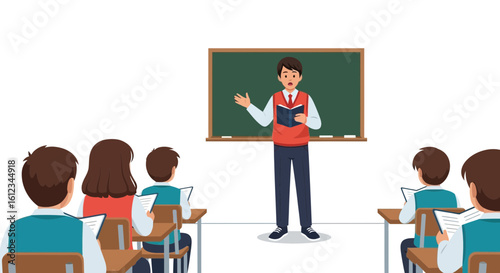 Enthusiastic Teacher Explaining Lesson to Students in Front of Blackboard