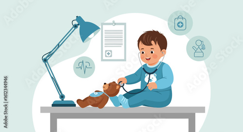 Cute Little Boy Role Playing as Doctor Examining Teddy Bear with Stethoscope