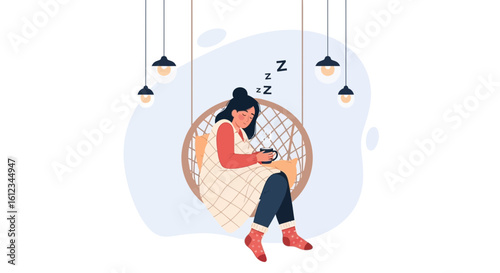 Cozy Afternoon Nap In A Hanging Chair Surrounded By Soft Lighting Illustration