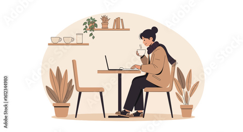 Cozy Afternoon Woman Working On Laptop With Hot Beverage At Home