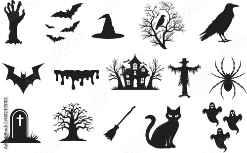 set of halloween element silhouette collection. Black and white vector editable file. Bat, black cat, Black Witch Hat, Broomstick, crow on brunch of tree, fierce bat, ghost figures, vector, grave, hau