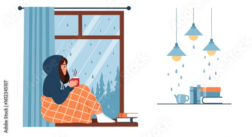 Cozy Day In: Woman Enjoying Rainy Weather With Hot Drink At Home