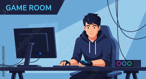 Dedicated Gamer Immersed In Online Competition In Modern Gaming Room Setup