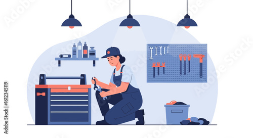 Dedicated Mechanic Adjusting Tools In Her Repair Shop With Utmost Precision