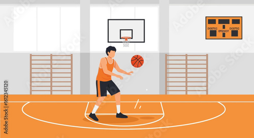 Dedicated Player Practicing Basketball Skills in Modern Indoor Sports Court