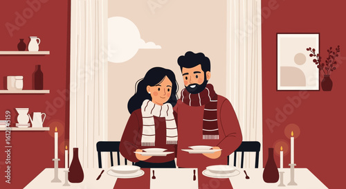 Cozy Evening Dinner Couple Illustration Enjoying Intimate Home Dinner