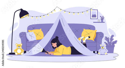 Cozy Evening In Tent At Home Enjoying Imagination And Creative Fun