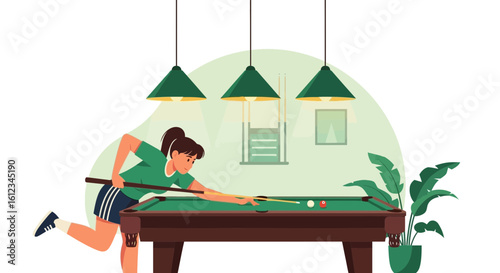 Dedicated Woman Playing Billiards Skillfully In Relaxing Indoor Environment