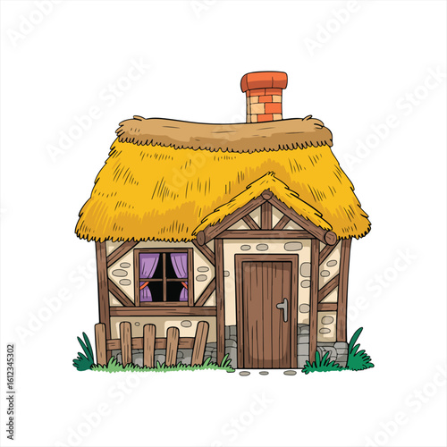 Small wooden house model with porch and plants on white surface under blue sky