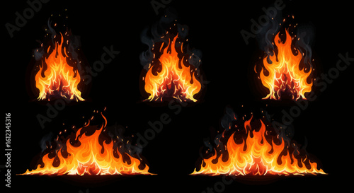 Dynamic fiery flames with glowing embers and smoky wisps create intense heat and energy perfect for impactful designs and dramatic visuals