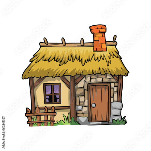 Small wooden house model with porch and plants on white surface under blue sky