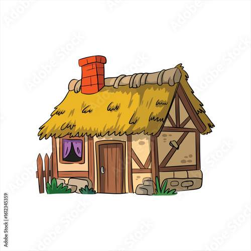 Small wooden house model with porch and plants on white surface under blue sky