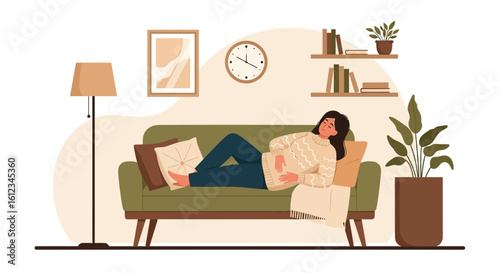 Cozy Indoor Scene Of A Woman Relaxing Comfortably On Her Couch