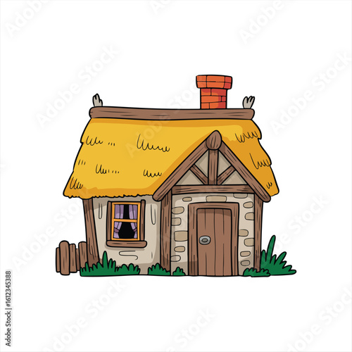 Small wooden house model with porch and plants on white surface under blue sky