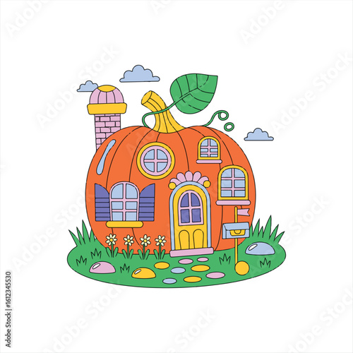 Small wooden house model with porch and plants on white surface under blue sky