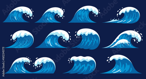 Dynamic collection of stylized blue ocean waves with white crests crashing and splashing, perfect for aquatic themes and coastal designs