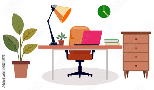 Modern home Office Desk. Set Up With lamp  Laptop  Books  and Plant. Flat Vector Illustration