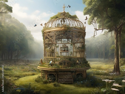 Illustration of a bird's nest in the wild surrounded by birds 