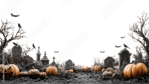 Halloween overlay with cemetery and pumpkins isolated on transparent background. Concept of Happy Halloween.