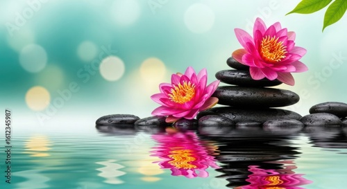 Serene zen garden with pink lotus flowers and stacked stones