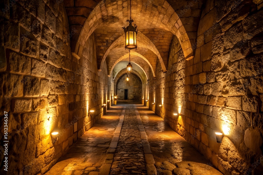 Fototapeta premium An ancient stone corridor with arched ceilings and hanging lanterns illuminates a mysterious path