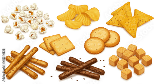 Delicious assortment of crunchy snacks including popcorn, potato chips, crackers, pretzel sticks, and savory biscuits perfect for parties or casual enjoyment.