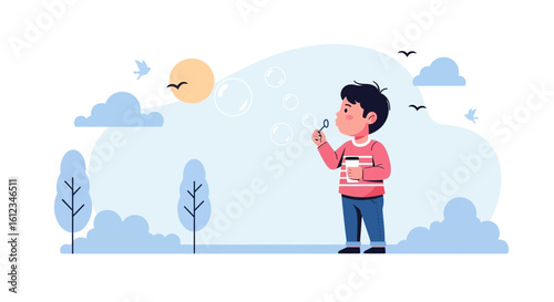 Boy Enjoying Nature Blowing Bubbles In An Outdoor Scene Illustration