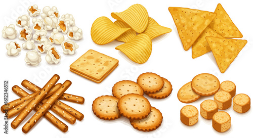 Delicious assortment of crunchy snacks like popcorn, potato chips, crackers, and pretzels perfect for parties and movie nights