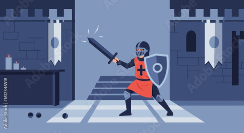 Brave Knight In Shining Armor Ready For Battle Inside Ancient Castle