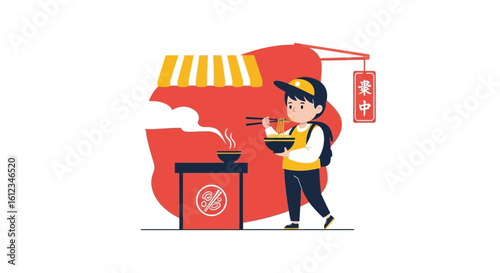 Boy Enjoying Noodles From a Street Vendor in a Red Toned Asian Setting