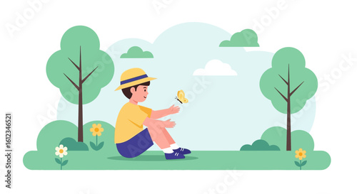 Boy Enjoying Nature By Playing With Butterfly Outdoor In Sunny Day