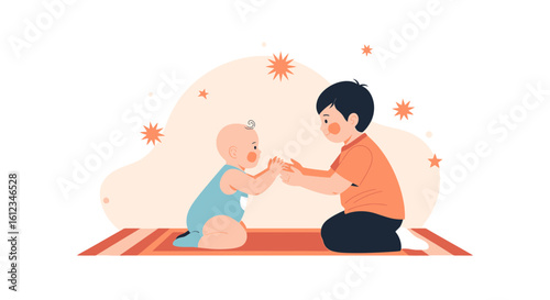 Brother Plays With The Baby, Love And Bond Of Siblings Concept
