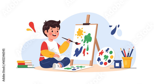 Boy Enjoying Painting Colorful Picture On Canvas At Easel In Creative Studio
