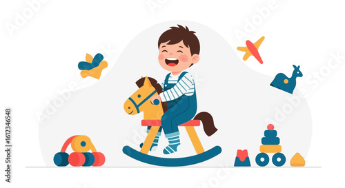 Boy Enjoying Playtime On Rocking Horse Surrounded By Colorful Toys
