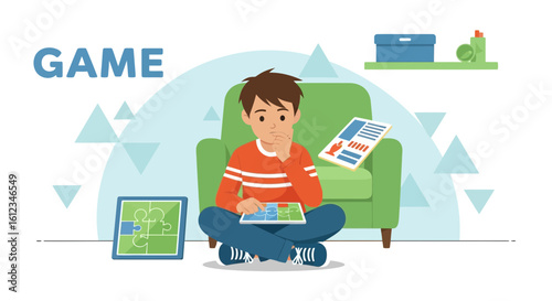 Boy Enjoying Quiet Time Playing Board Games At Home And Thinking About Strategy