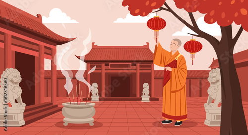Buddhist Monk Decorating A Temple With Traditional Asian Lanterns Decoration