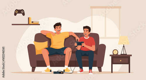 Brothers enjoying video games at home, bonding over shared pastime activity in leisure time living room fun