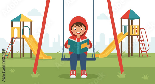Boy Enjoying Reading A Book On A Swing Set At The Playground