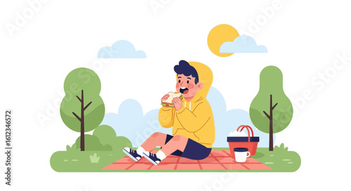 Boy Enjoying Sandwich at Picnic in Nature Scene Vector Illustration