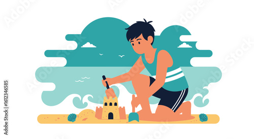 Boy Enjoying Seaside Building Sandcastle Vacation Activity With Waves
