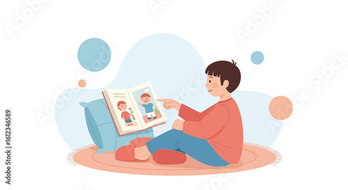 Boy Enjoying Story Time Reading a Book on the Floor Illustration
