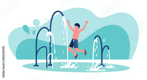 Boy Enjoying Summer Fun at The Waterpark Playground Illustration