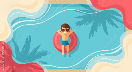 Boy Enjoying Summer Holiday Relaxation Time In Tropical Water With Floating Ring