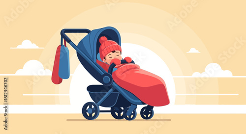 Calm Infant Asleep in Pram Under a Warm Blanket Illustration Vector