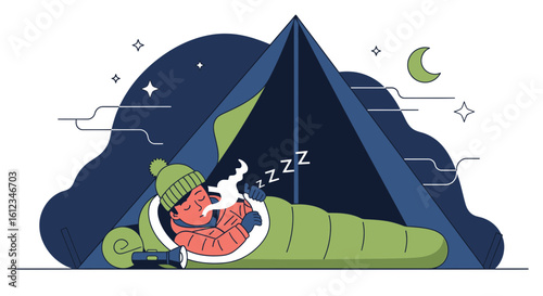 Camping Adventure A Man Sleeping Peacefully In Tent Under The Night Sky