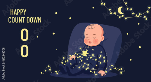 Adorable Sleepy Baby Waiting For Christmas Eve Countdown Illustration