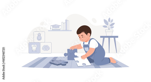Adorable toddler engrossed in playful learning with puzzles educational development