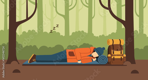 Camper Taking A Peaceful Nap In The Woods After A Long Day Hike
