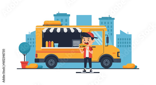 Boy Enjoys Burger From Trendy Food Truck in Urban Landscape Illustration